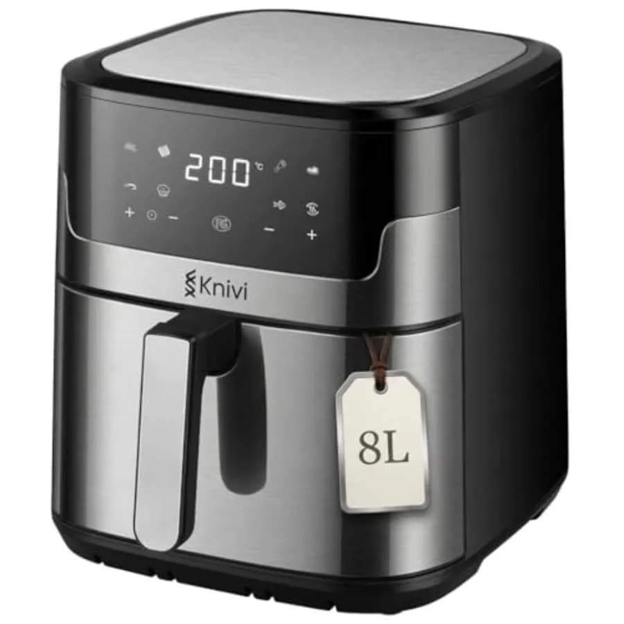 Friggitrice ad Aria in Acciaio Inox da 8L, 1500W, con Touchscreen Digitale e 8 Programmi Preimpostati One-Touch per Scongelare e Cuocere, Grande Formato Familiare, Antiaderente