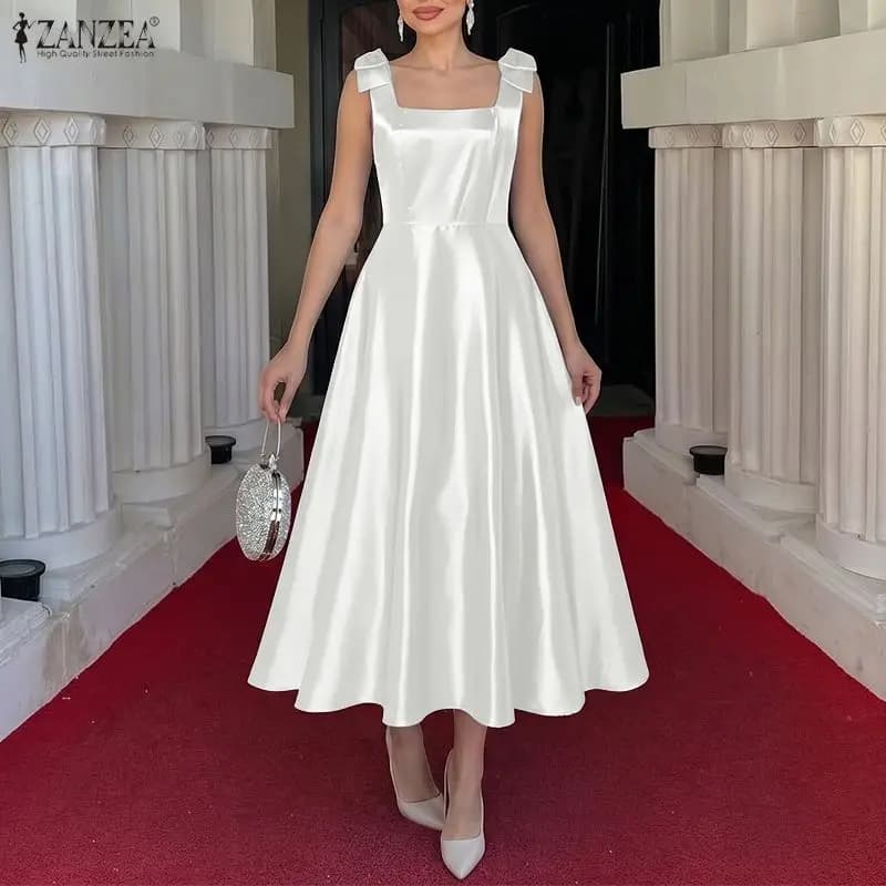 ZANZEA Women Evening Gown Elegant Party Dress Square Neck Straps Dresses Sleeveless A Line Bows Robe Office Work Satin Sundress