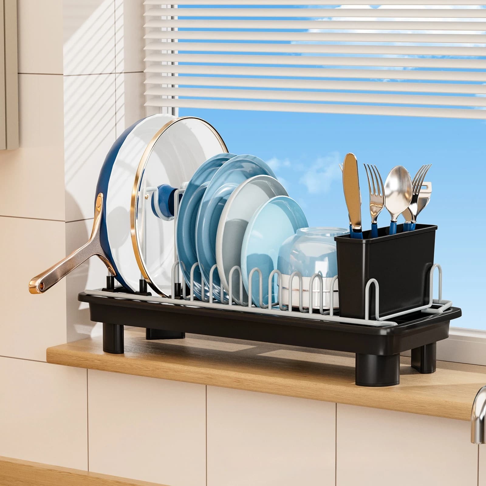 Spacious kitchen organizer for narrow window sills for pots, cutter and lids, shelf multifunction