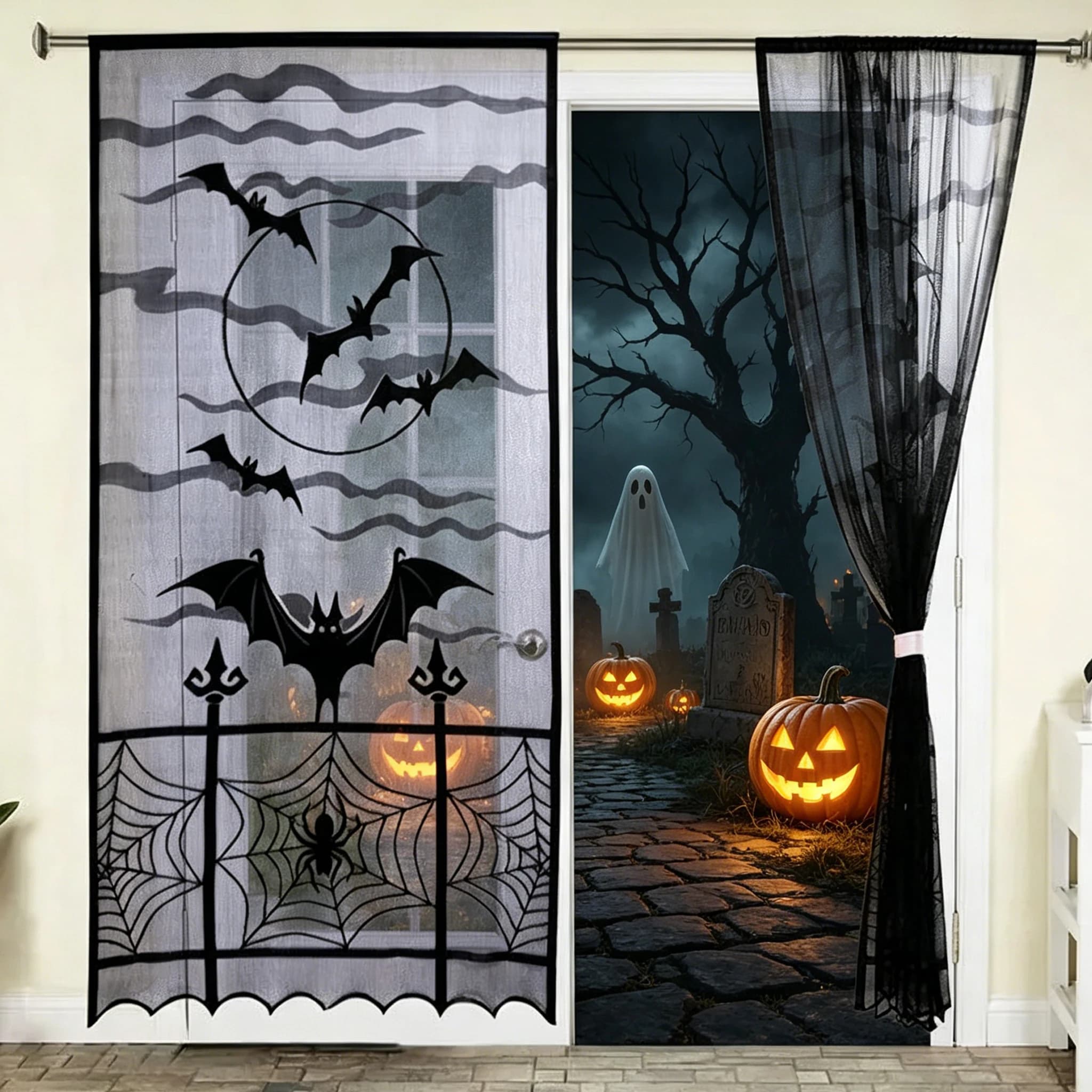 Halloween Black Lace Skull Witch Window Curtain Spooky Spider Web Print Door Drapes Home Indoor Office Party Decor Supplies