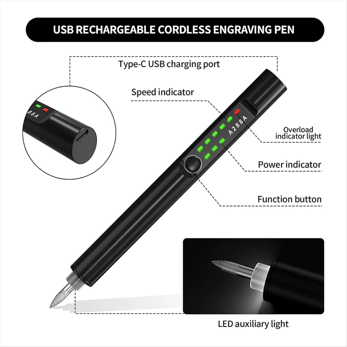 Y31A Set di penne per incisione da 41 pezzi con luce a LED, macchina per incidere a batteria ricaricabile tramite USB, strumenti per incisione per artisti e fai da te