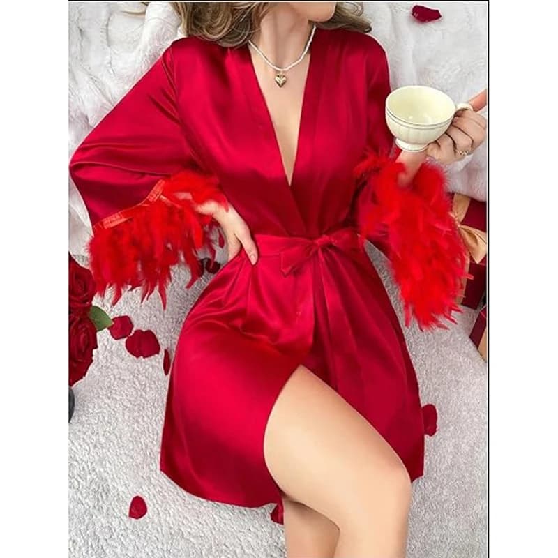 Bridal dress with bordeaux feathers Bridal dress damigella of honor from morning Bathrobe Sexy woman's dress Night shirt in loose satin Homewear
