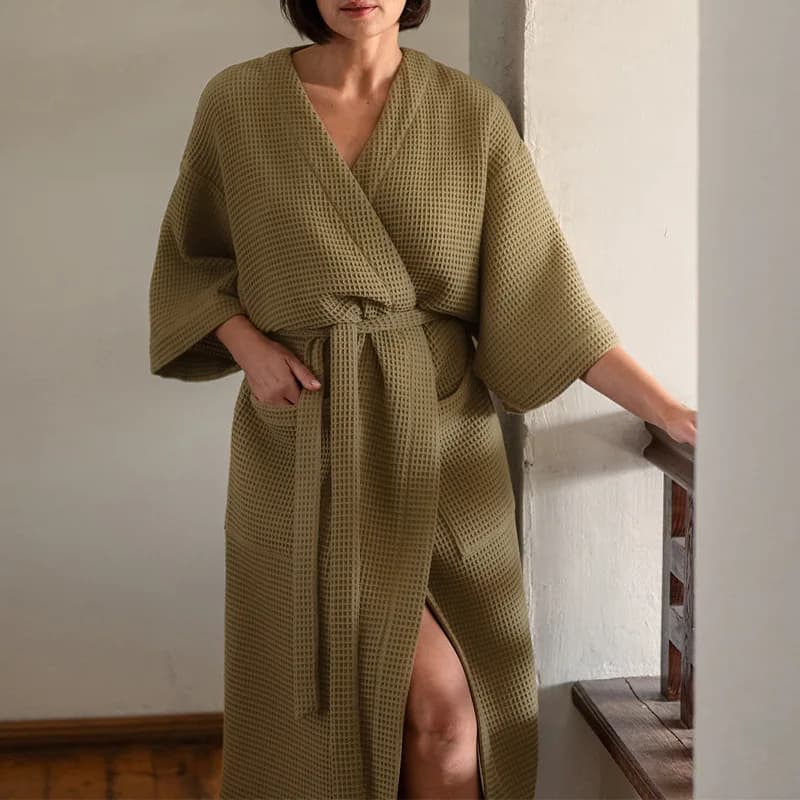 Cotton Waffle Night Robe Woman Solid Knitted Stylish Knit Pjamas with V-neck belt Harajuku night bathrobe wears for women