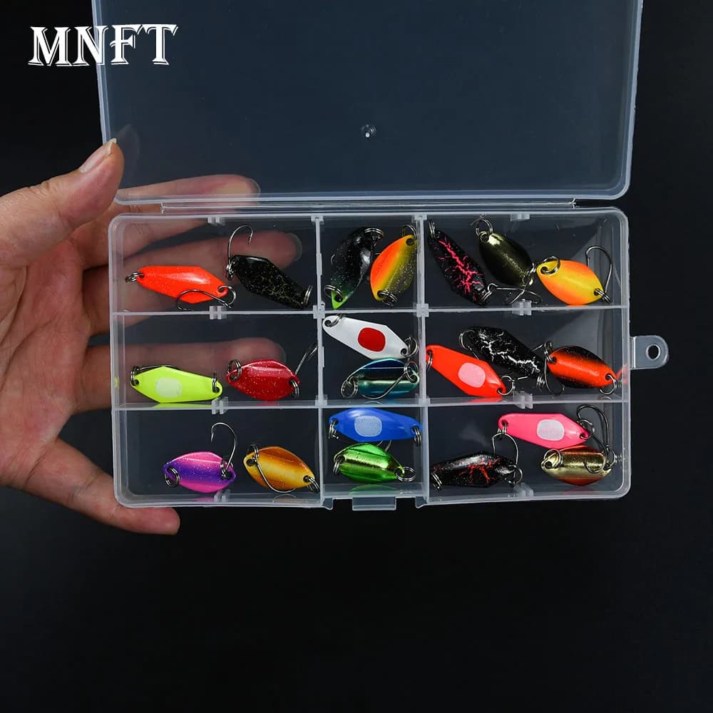 21Pcs Colorful Metal Spoon Fishing Bait Single Hook Mini Hard Lures Portable Tackle Box for Trout Pike Bass Saltwater Freshwater