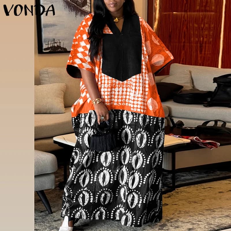 VONDA Abito Lungo da Donna Vintage Stampato Vetidos Estate 2026 Manica 3/4 Bohemien Patchwork Vestito da Festa Casual Ampio Sundress