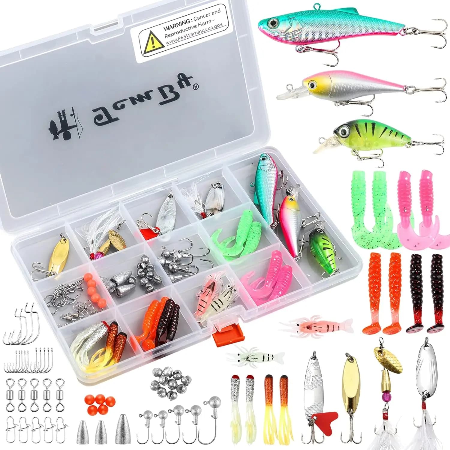 Kit di 68 Esche da Pesca per Trote e Persici d'Acqua Dolce, Set Completo di Attrezzatura con Scatola, Crankbait, Cucchiaini, Ami, Accessori per Principianti