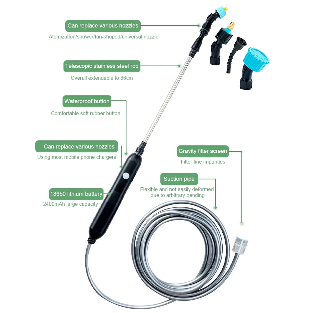 Electric Plant Sprayer Rechargeable Garden Sprayer with 2 Nozzles and 2/4/6/10M Hose Watering Spray Wand for Gardening Cleaning