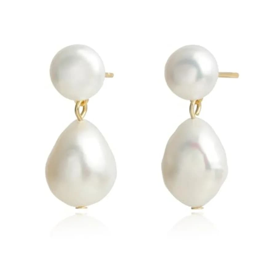 Handmade Freshwater Cultured White Baroque Pearl Dangling Drop Earrings for Women, 14K Gold Plated