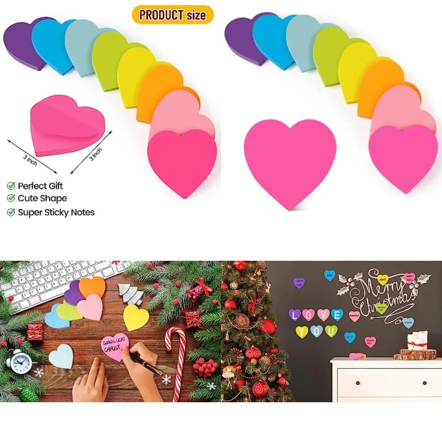 Heart Sticky Notes 3x3 in, 8 Pads, Super Cute Bright Color Strong Adhesive Post, Clean Removal, 82 Sheets/pad