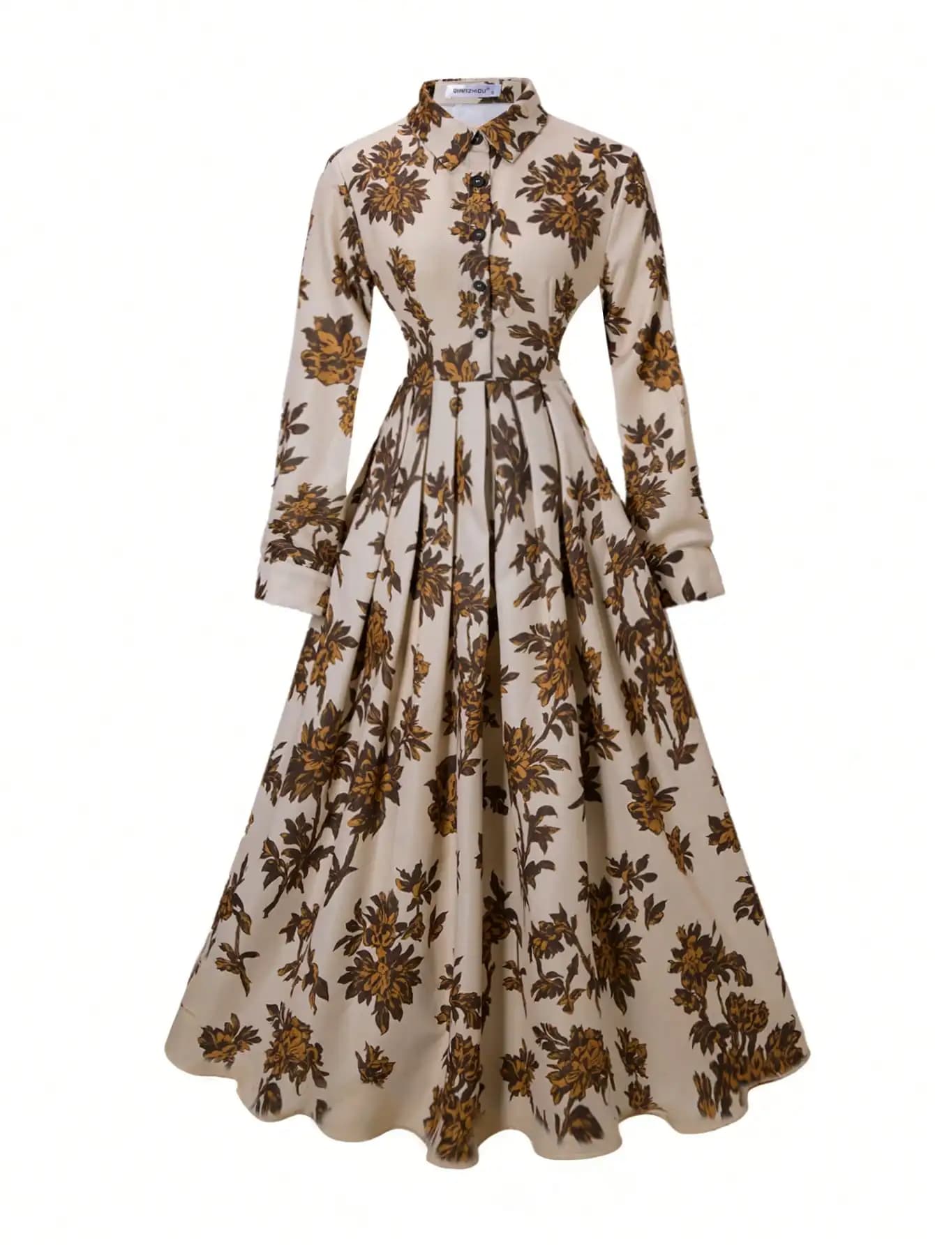 Vintage Chemisier Dress with Printing, 3/4 Sleeves, Belt, Pleated And Pockets