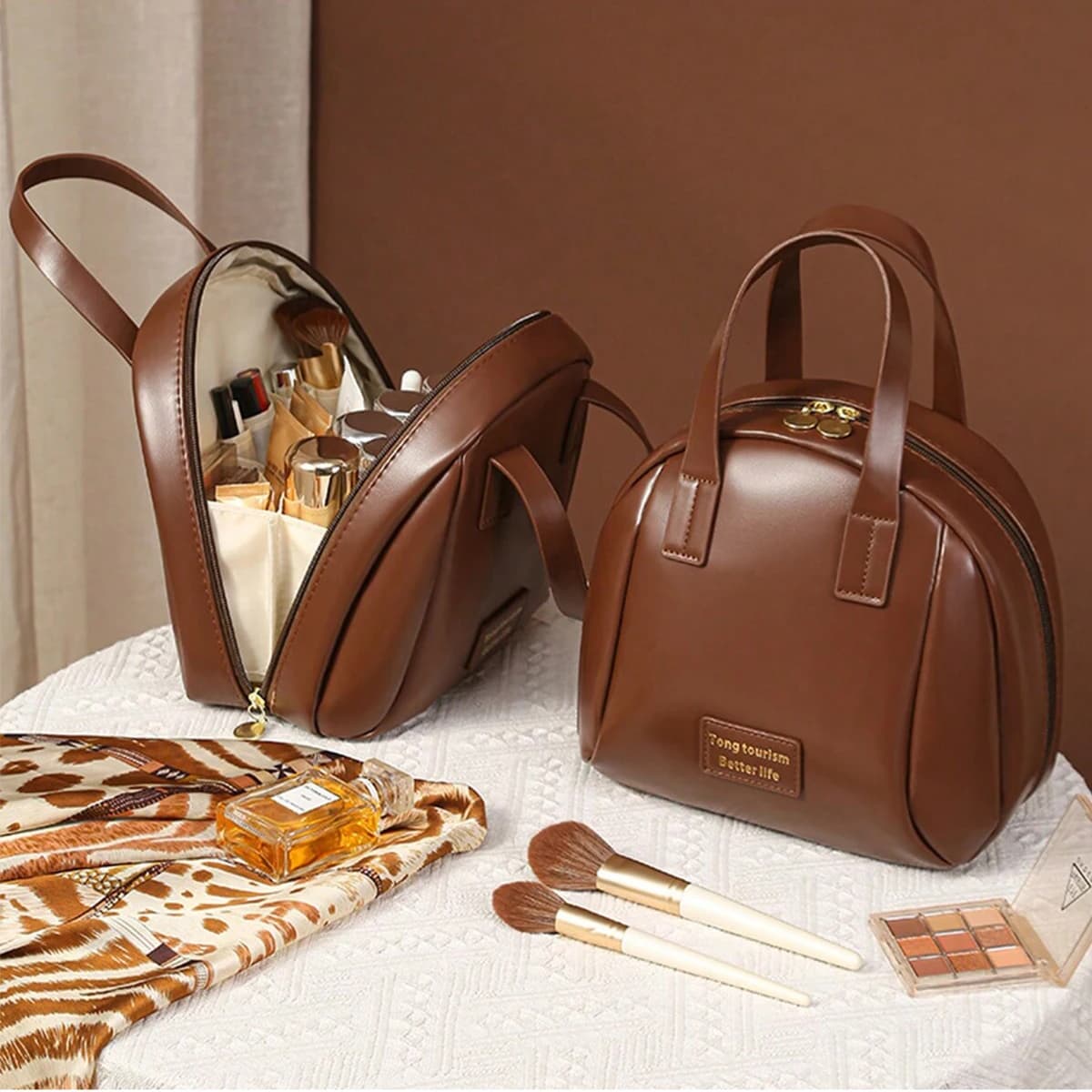 Borsa per il trucco da donna portatile per viaggi d'affari Borse per l'organizzazione di articoli da toeletta Borsa per cosmetici in PU