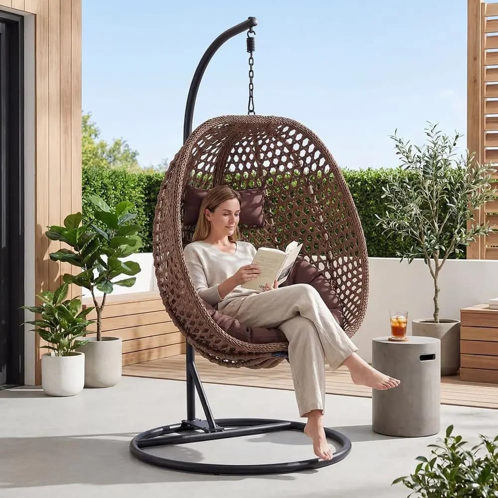 Egg Swing Chair Outdoor Indoor, Hanging Egg Chair with Stand, Brown Wicker Swing Chair,UV Resistant Cushion 300 LBS acity or Por