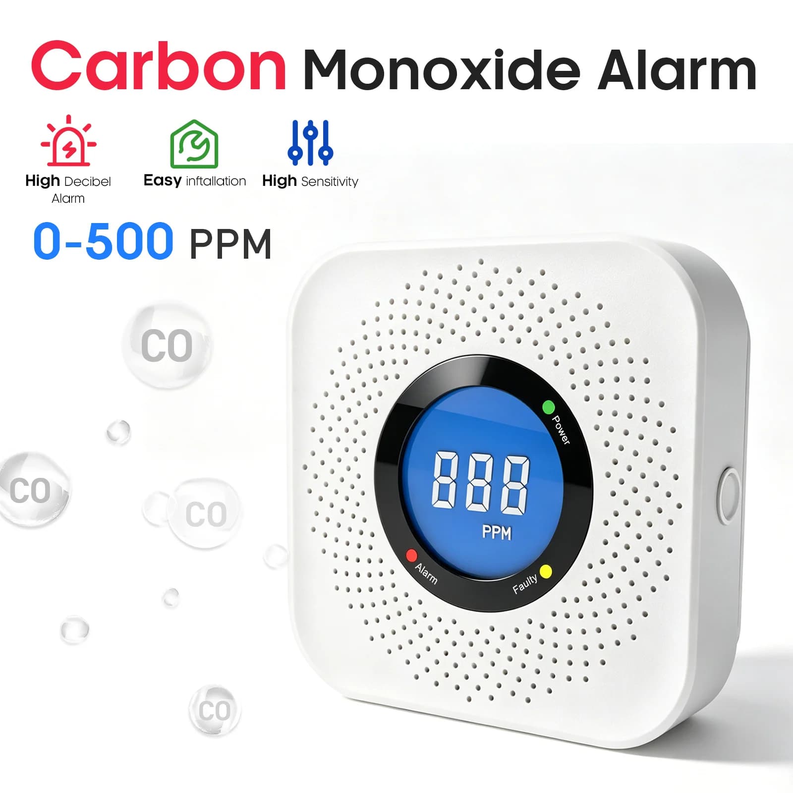 Rilevatore di monossido di carbonio ad alta sensibilità da 85 dB con display LCD per riscaldamento a carbone, hotel e sicurezza domestica.