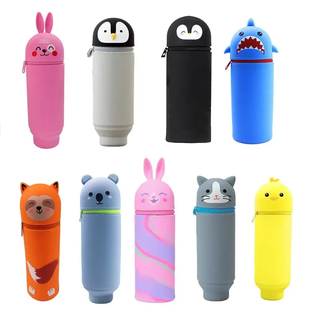 1pc Foldable Pencil Case Silicone Dirt Resistant Pen Container Rabbit Shark Animal Shape Stationery Organizer for Students