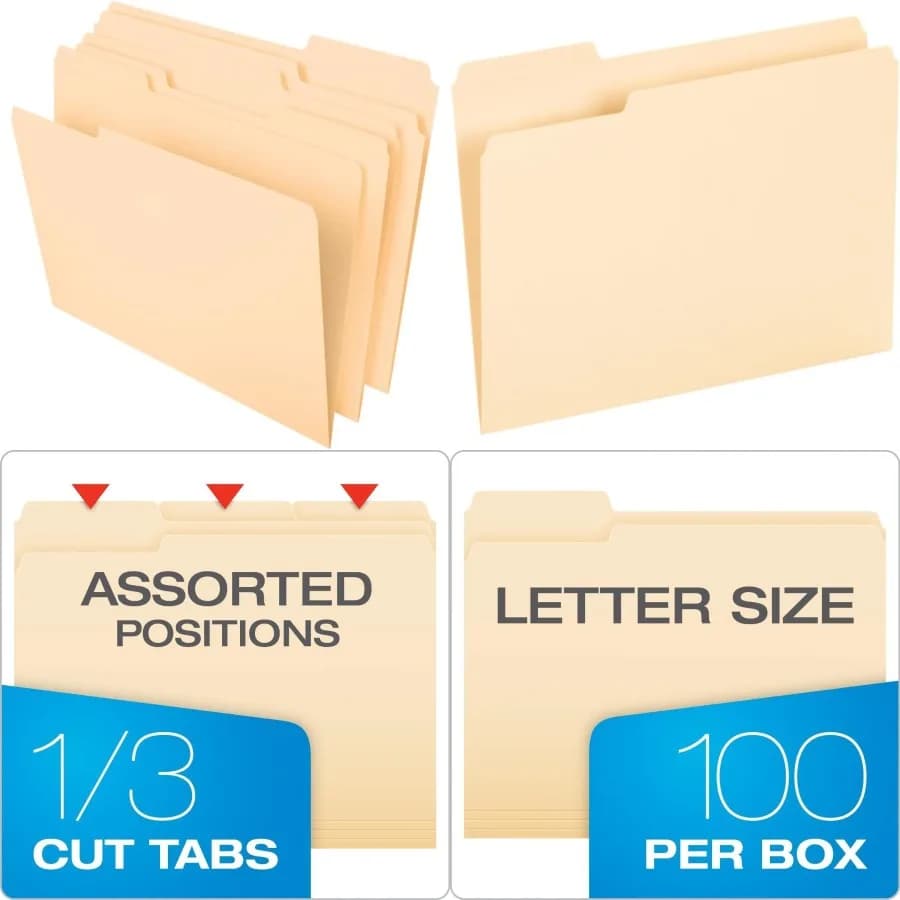 Cartelle di file Pendaflex Lettera formato 8-1/2 x 11 Classic Manila Schede a 1/3 tagli in posizione sinistra destra e centrale Ideale per l'ufficio O