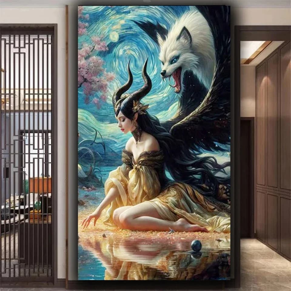 Pittura Diamante Fai-da-Te Gotica con Strega e Lupo Bianco, Arte del Mosaico di Cristalli, Decorazione per la Casa