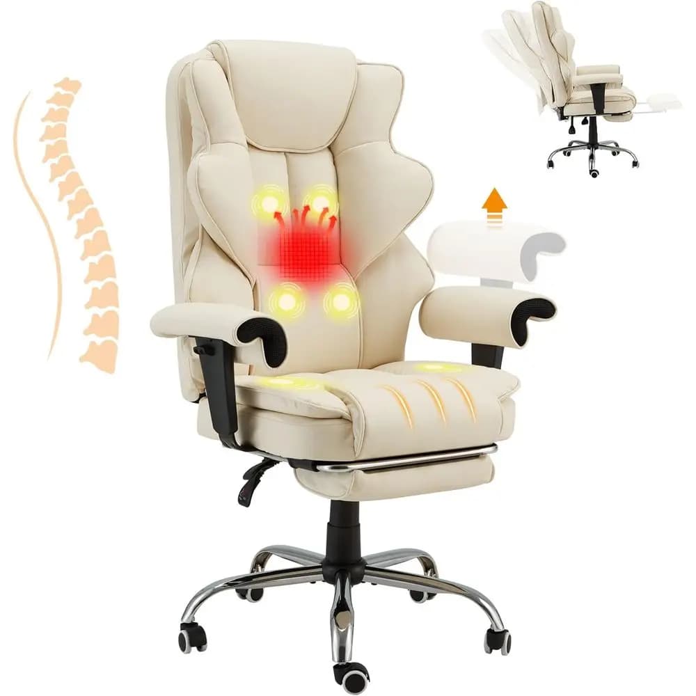 Poltrona Massaggiante Ergonomica Reclinabile con Funzione Riscaldante e Poggiapiedi Estraibile, Sedia da Ufficio Direzionale in Pelle con Braccioli Regolabili (W