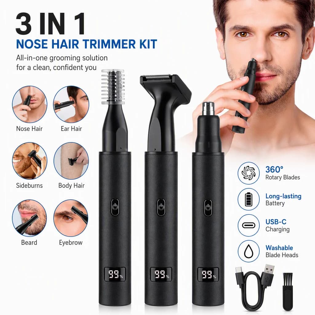 Electric Haircut 3 in 1 for Naso and Men's Earrings with LED Display, Hinder, for Eyebrows, Barba and Hair, USB Rechargeable