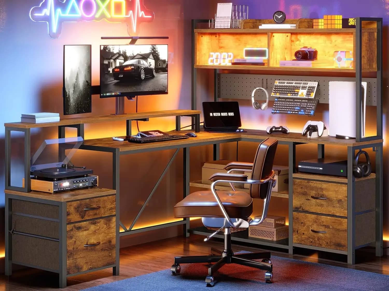 75" L Shaped Gaming Desk with Drawers & Shelves, Corner Computer Desk with Monitor Stand Hutch LED, Rustic Brown, Customized