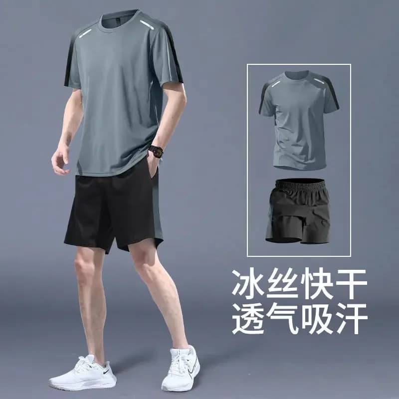 Summer running sportswear for men new ice-silk short-sleeved casual T-shirt shorts fitness clothes training apparel