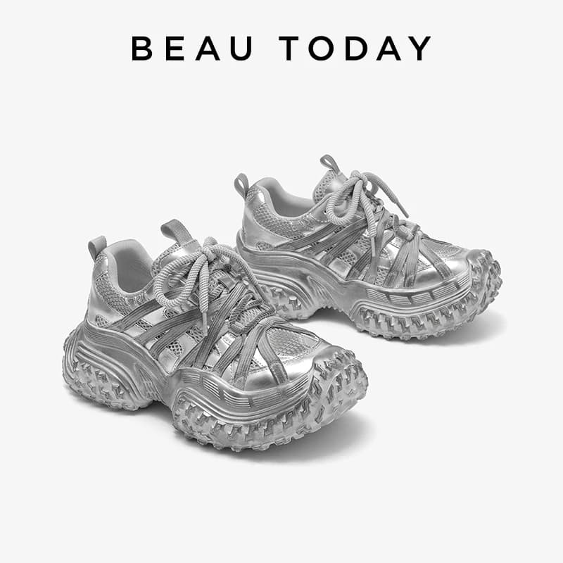 BEAUTODAY Fashionable sneakers in Leather and Mesh with Round Toe, Stitching, Veneer, Women's Casual Shoes Handmade MS2C031