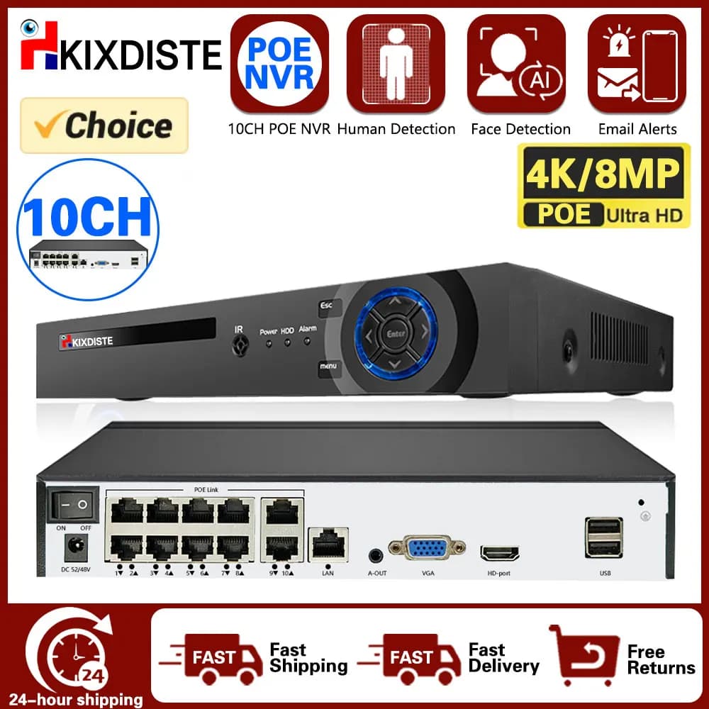 4K 10CH POE Smart NVR (1080p/3MP/4MP/5MP/6MP/8MP/4K) POE network video recorder supports up to 10 x 8MP/4K IP Camera 8 channels