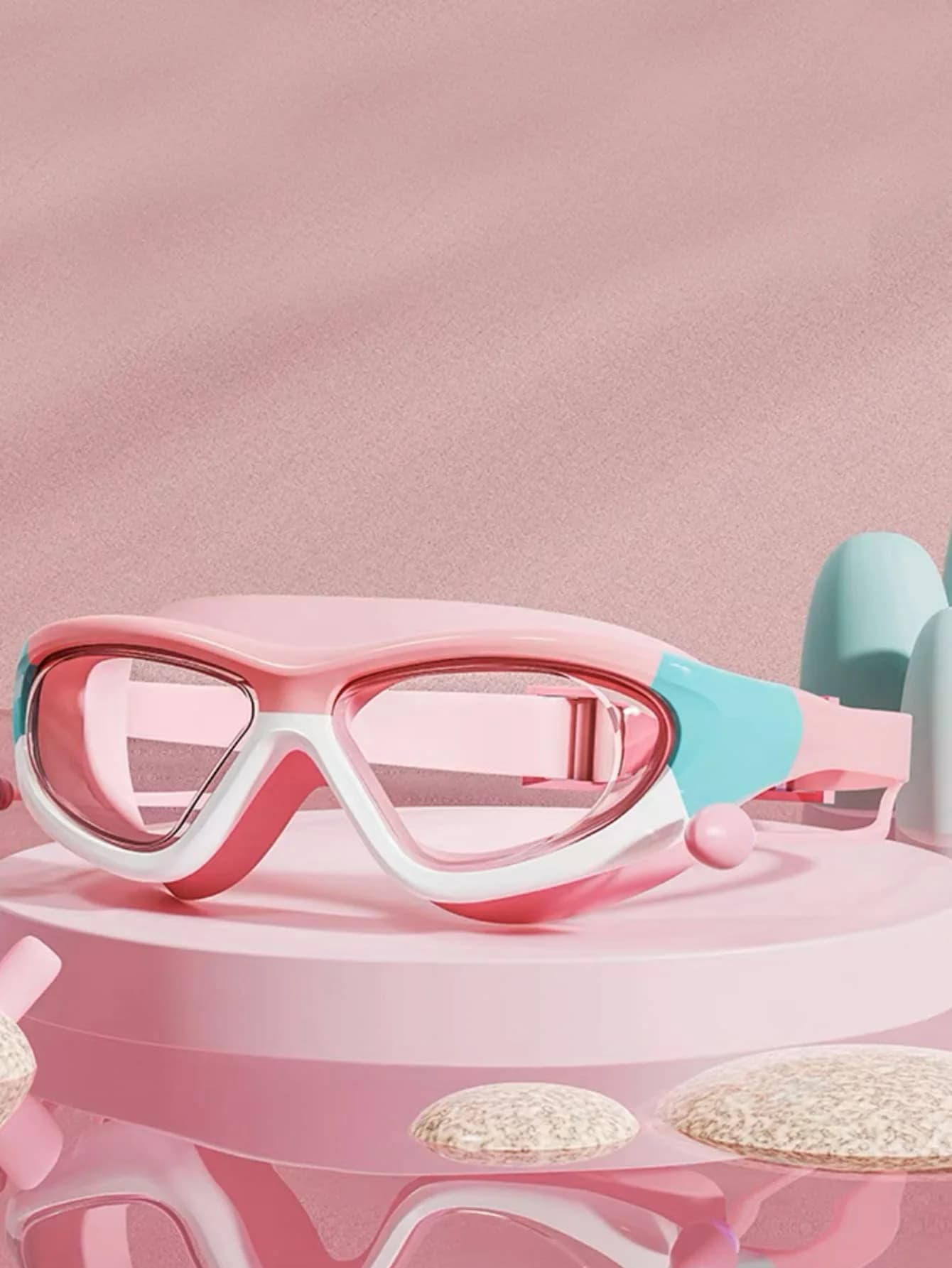 Swimming glasses with large waterproof frame and high-definition anti-fog for children, comfortable glasses Silicone connected earplugs