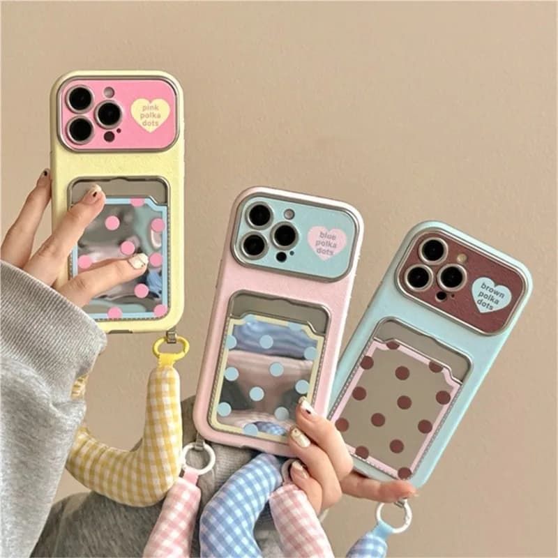 Cute Polka Dot Phone Case Card Slot & Lanyard for iPhone 17 16 15 14 13 Pro Max Kawaii Shockproof Aesthetic Protective Cover