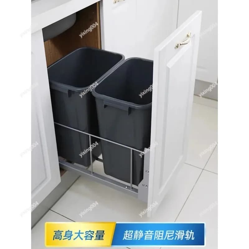 Tall Built-in Pull-out Kitchen Waste Bin Hidden Cabinet Basket Dry Wet Separation Large Capacity With Door