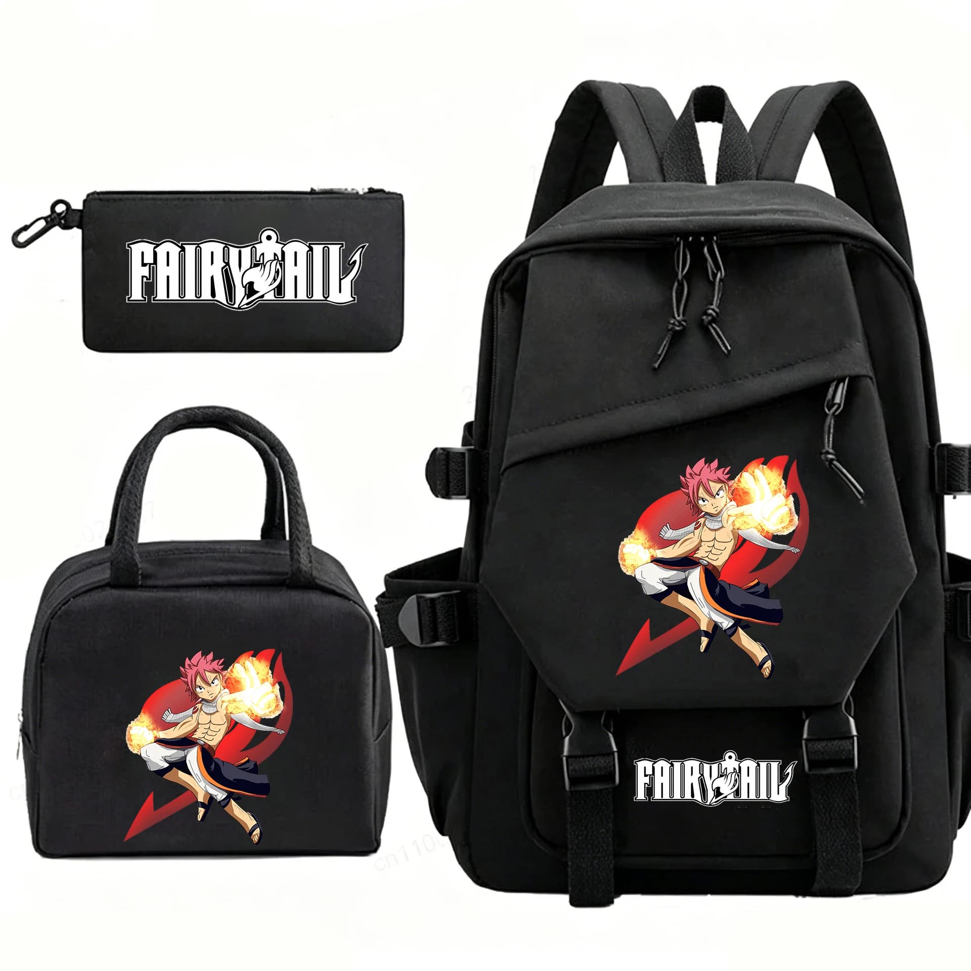 Fairy Tail Anime Backpack 3Pcs Set Large Capacity Boys Girls School Bags Lightweight Student Bookbag with Lunch Bag Pencil Case