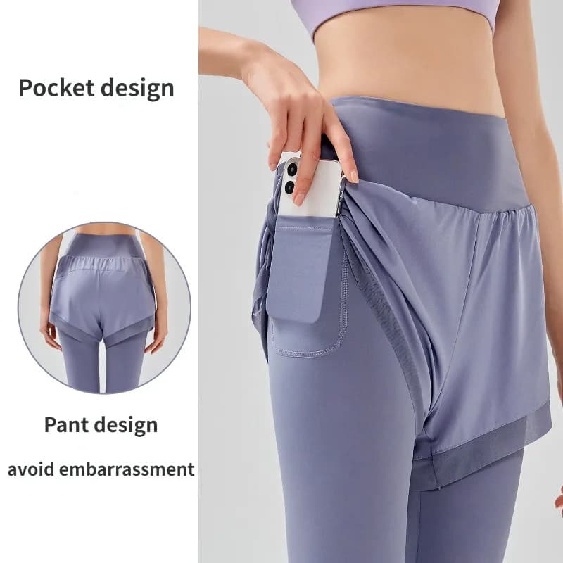 Leggings da donna finti in due pezzi Leggings senza cuciture con tasca pantaloni elastici a vita alta collant da Yoga per sollevamento del culo Fitness all'aperto
