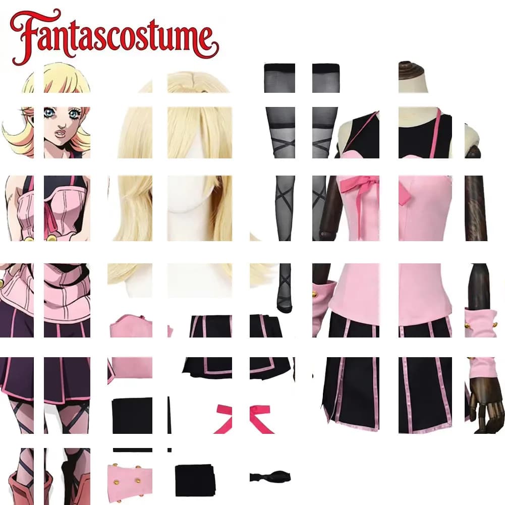 Costume Cosplay Lucy Steel di JoJo's Bizarre Adventure, con Parrucca, Cinturino, Gonna, T-shirt, Fiocco e Calze, per Halloween e Carnevale