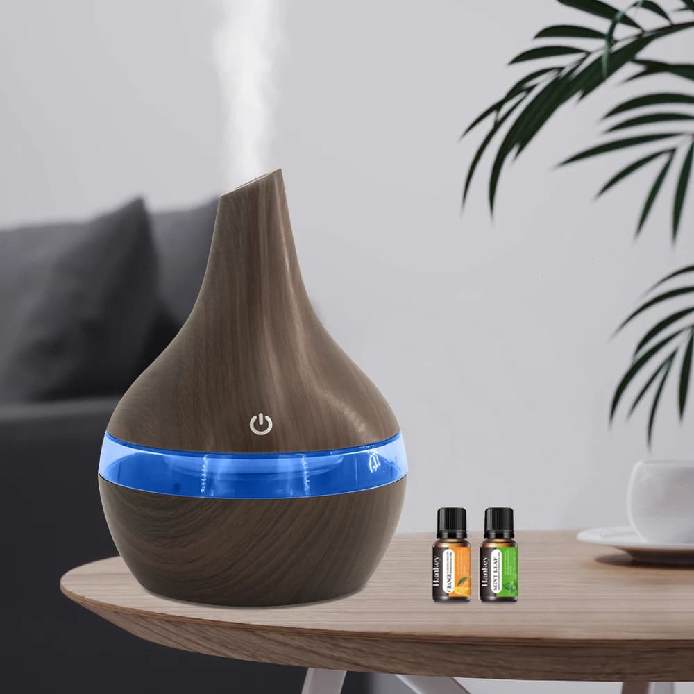 Umidificatore 2 in 1 con venature del legno e diffusore di oli essenziali (300 ml) Alimentato tramite USB per casa/ufficio con oli aromatici