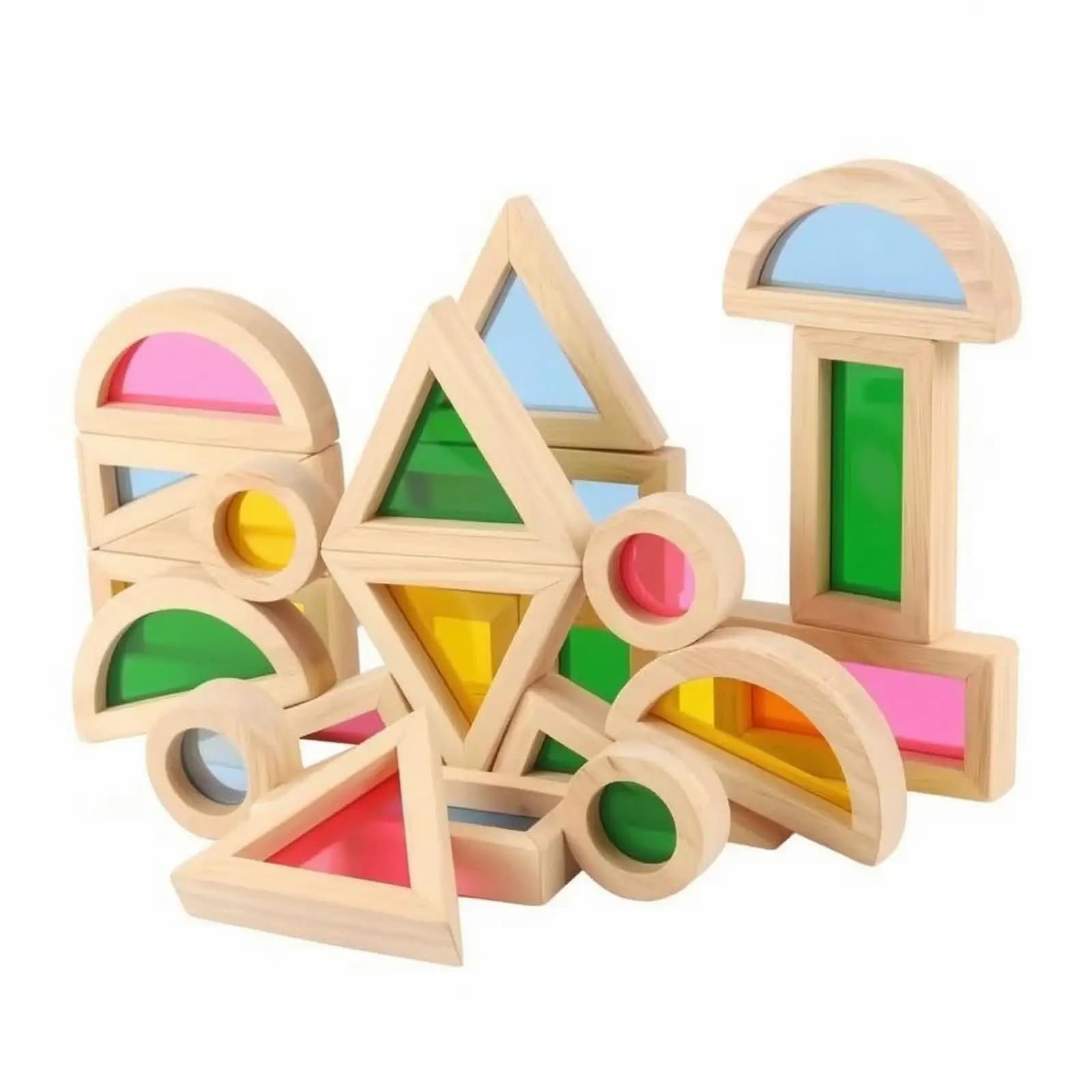 Children Wooden Rainbow Block Set with Light Diffusing Panels for Interactive Playroom Education