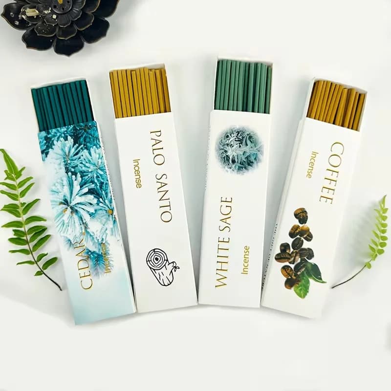A Set of 128 Incense Sticks, with Four Different Scents: Coffee, Cedar, Sandalwood, and Sage. Each Aromatherapy Stick Is 12cm in Length, 2.7 mm in Diameter, and Made from Natural Ingredients. Perfect for Yoga and Meditation, It Also Freshens the Air.