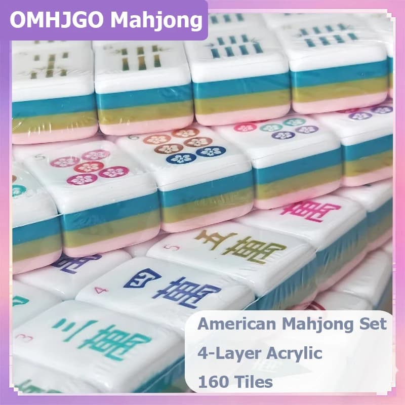 OMHJGO Four Layer Acrylic Luxury Travel Mahjong Tiles American Mahjong Set Family Board Games Pink Blue Portable Mah Jongg Gifts