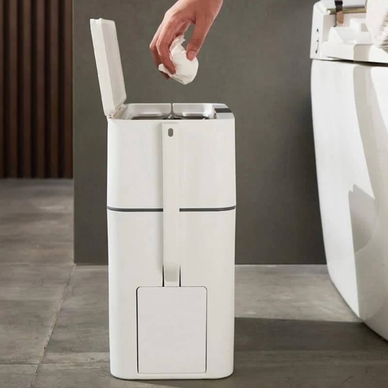 E8BD Trash Can with Toilet Brush Rectangular Trash Bin Press-Type Garbage Can Household Trash Can