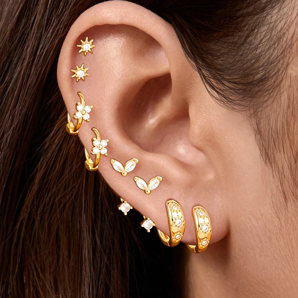 4PCS/8PCS Fashion Zircon Hoop Earrings Set For Women 14K Gold Plated Stainless Steel Crown Ear Stud Cartilage Piercing Jewelry