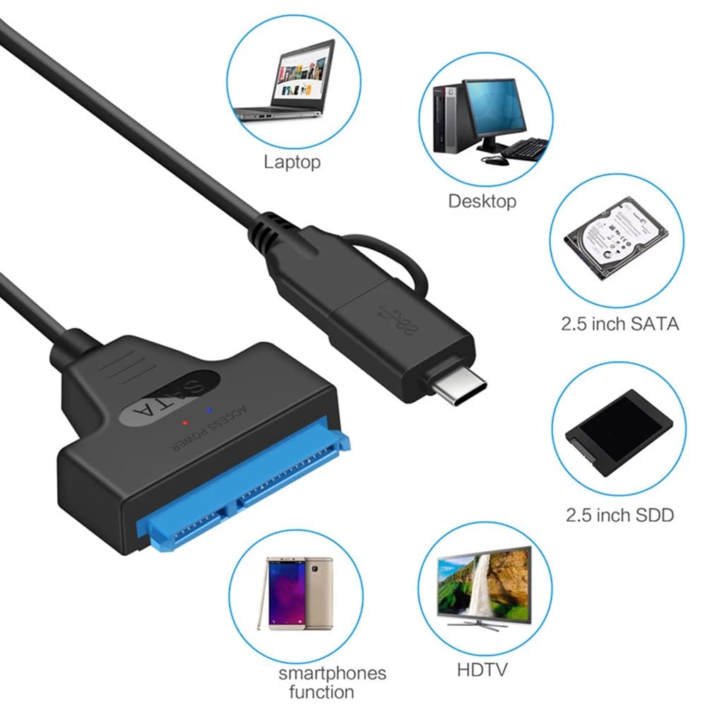 Cavo 2 in 1 da SATA a USB 3.0, adattatore convertitore da SATA a Type C per disco rigido esterno da 22 pin, per HDD/SSD da 2,5 pollici