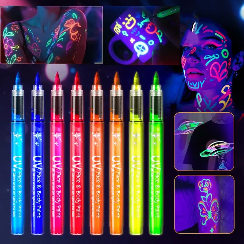 8 Colors UV Neon Face Paint Markers, Glow in the Dark Washable Multi-Surface Art Pens, Face Painting Holiday Party UV Light Pen