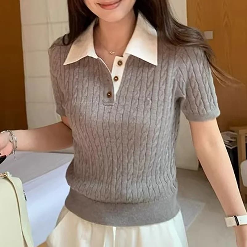 Sueter Feminino Turn Down Collar Knitted Sweater Women Pullovers Summer New Short Sleeve Knit Sweater Pullover Women Tops Q4448