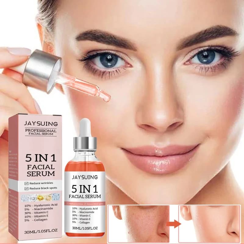 Face serum 5 in 1 moisturizing with hyaluronic acid, whitening, anti-wrinkles, anti-aging, vitamin C, attenuates spots, narrows pores, skin care 30ml