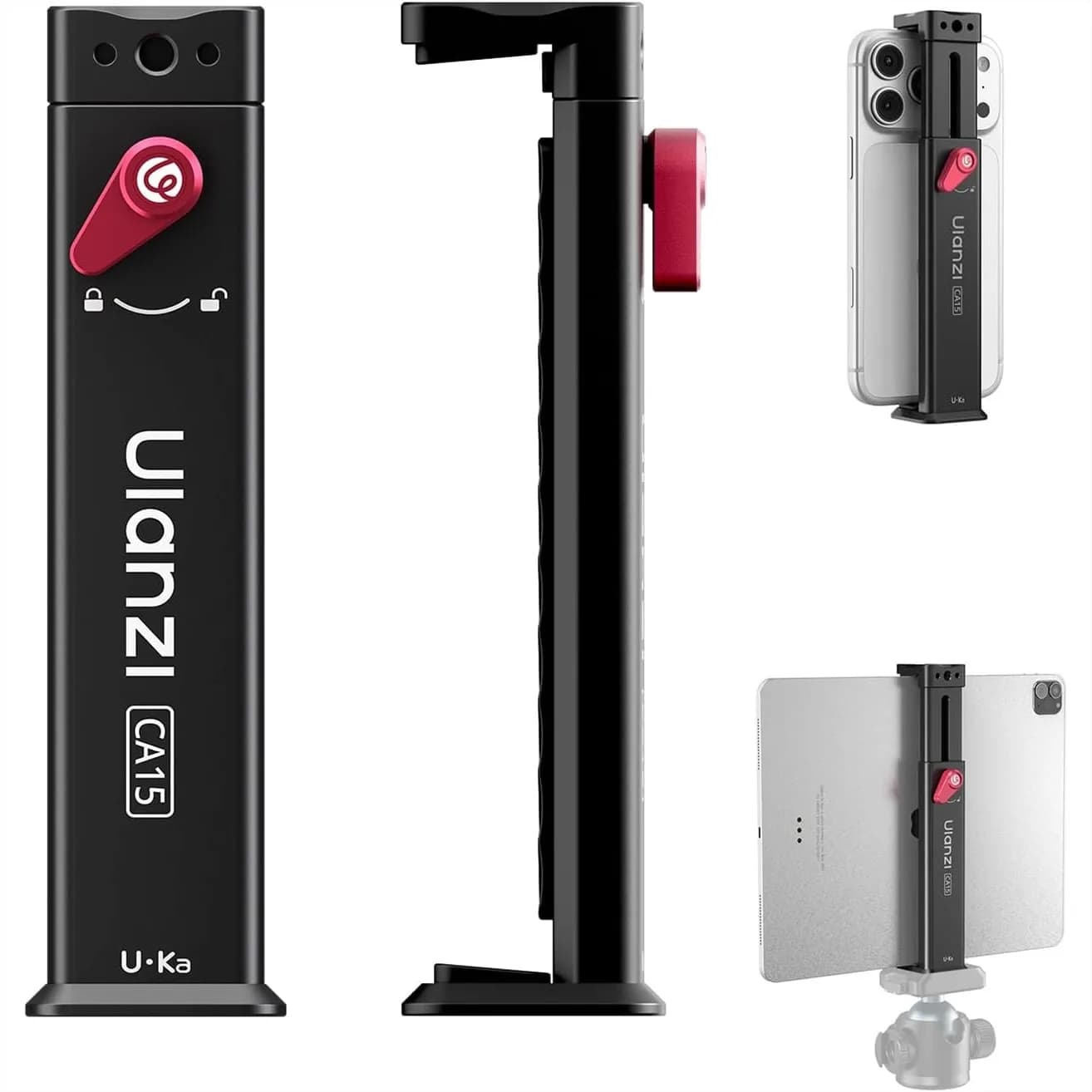 Supporto Treppiede Regolabile per Tablet con Cold Shoe, Morsetto 13.5-22cm, Compatibile Arca & Uka per Registrazione Video iPad Pro/Air/Mini
