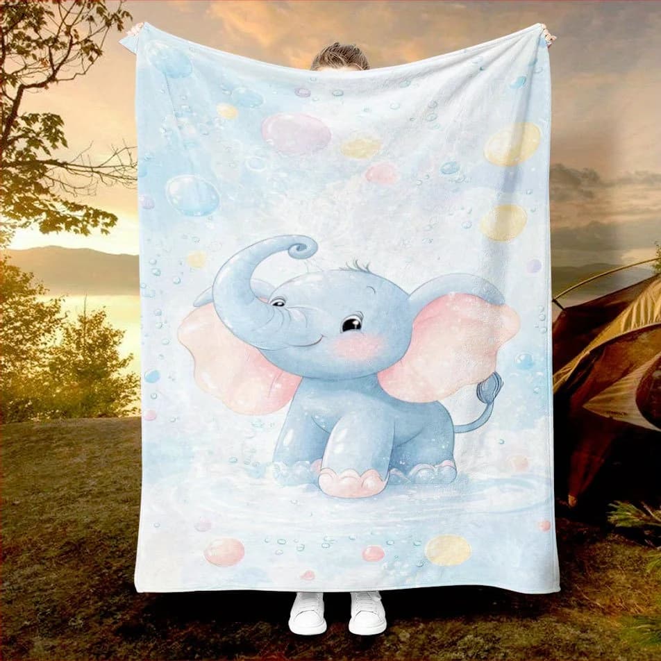 Bubble Elephant Play Blanket Reversible Flannel Throw for Kids Room AllSeason Comfort Playful Friend Gift