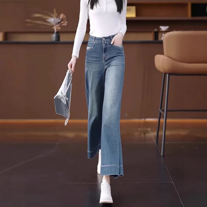 Women's wide straight jeans, wide slimming trousers with autumn high waist, versatile short pants and elegant drapes