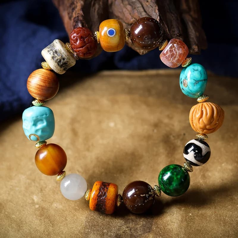 - Bracciale multi-gemma stile coppia con perline in agata ossea tibetana