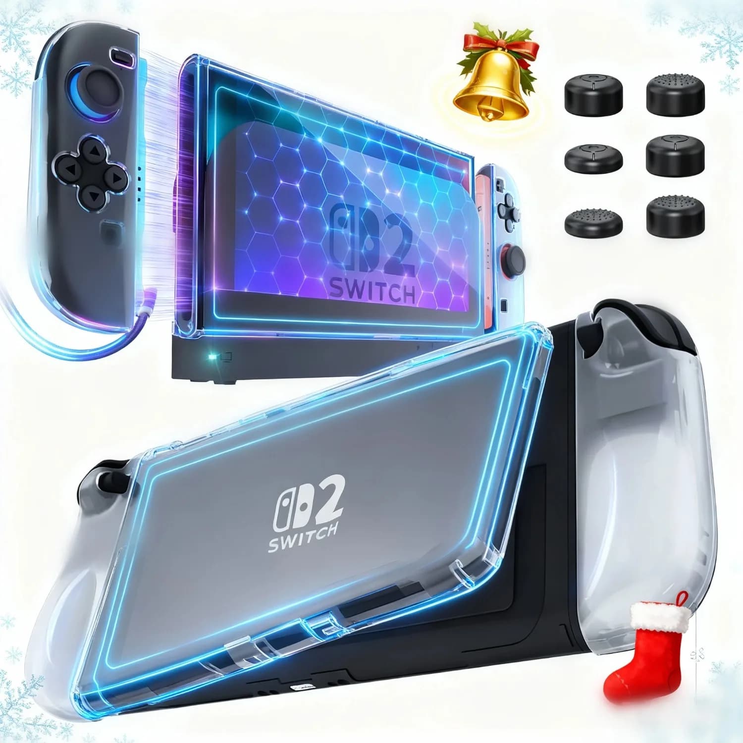 Custodia per interruttore 2 con guscio trasparente in TPU, cover per interruttore 2 con protezione per schermo HD 4K, 6 impugnature per pollice, assorbimento degli urti e antigraffio