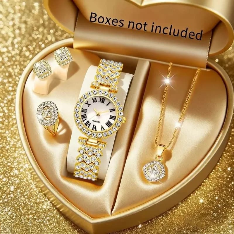 Set di gioielli da donna con orologio di lusso con strass, 5 pezzi, orologio da polso al quarzo con numeri romani, collana, orecchini, anello, Reloj Mujer (senza scatola)