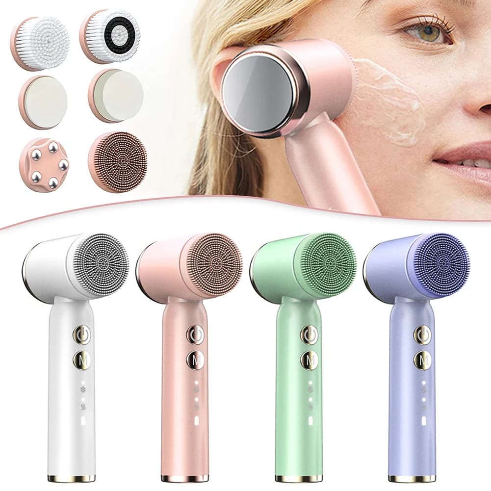 6 In 1 Electric Facial Cleansing Brush With 6 Brush Heads,Deep Cleansing Face Brushes,Rechargeable Facial Cleansing Brush