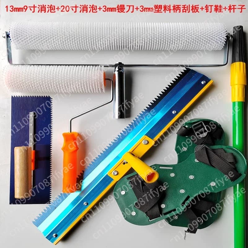 Set di attrezzi per cemento autolivellante: Rullo antischiuma, Spazzola, Rullo antischiuma, Rastrello autolivellante, Scarpe con chiodi, Attrezzo per riparazione stradale
